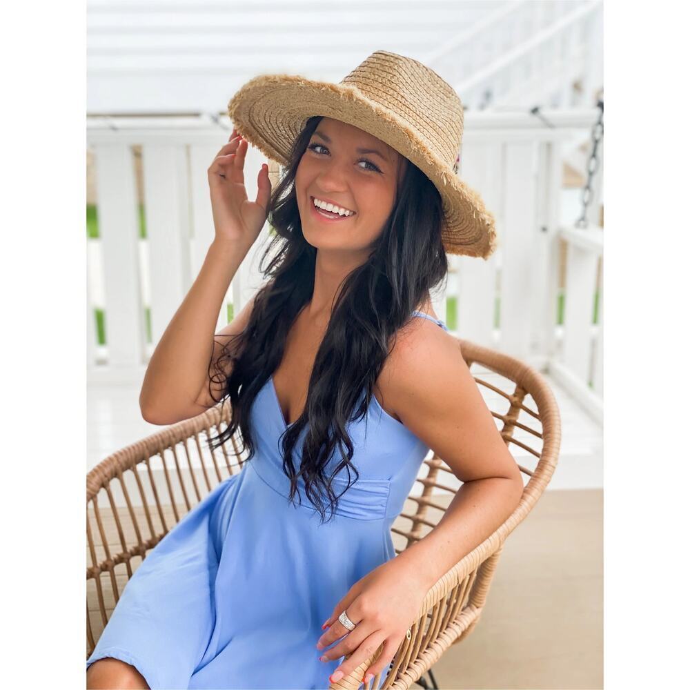 NWT C.C Women's Natural Raffia Frayed Edge UV Protection Panama Sun Hat - Picture 3 of 5